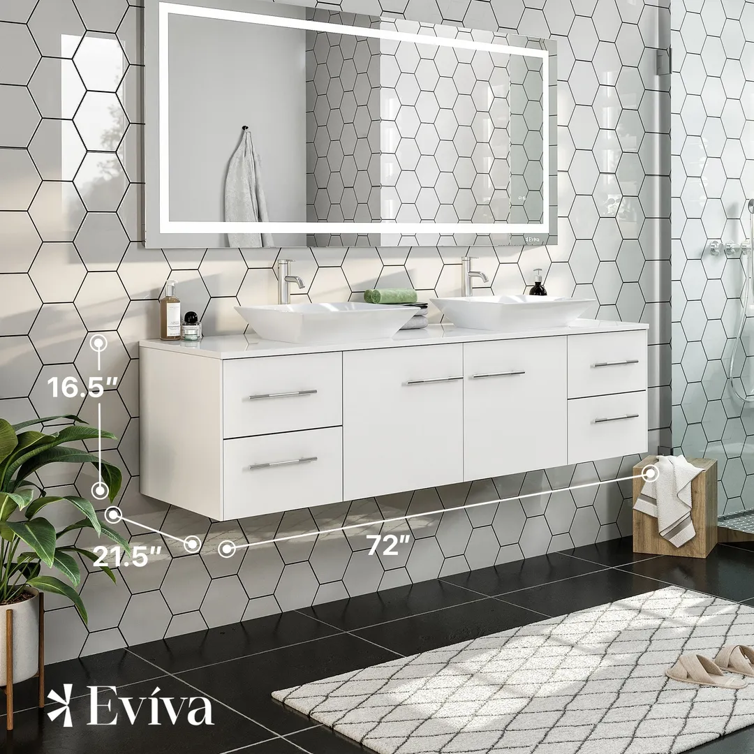 Eviva Totti Wave 72 in. W x 16 in. D x 22 in. H Double Bathroom Vanity in White with White Glassos Top and White Vessel Sinks, photo 2 of 8