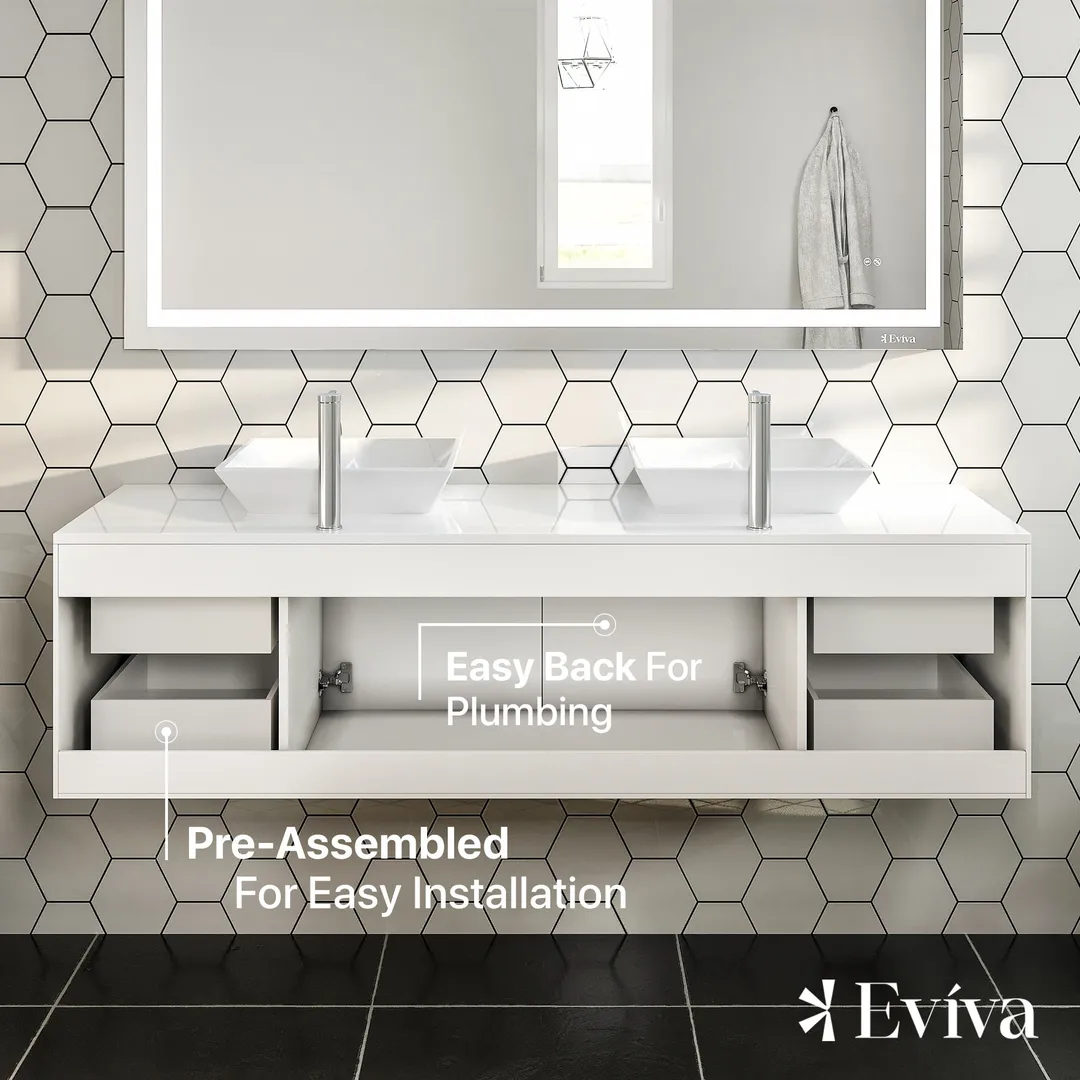 Eviva Totti Wave 72 in. W x 16 in. D x 22 in. H Double Bathroom Vanity in White with White Glassos Top and White Vessel Sinks, photo 6 of 8
