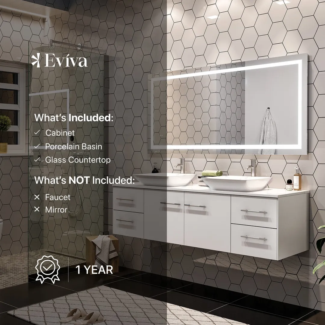 Eviva Totti Wave 72 in. W x 16 in. D x 22 in. H Double Bathroom Vanity in White with White Glassos Top and White Vessel Sinks, photo 7 of 8
