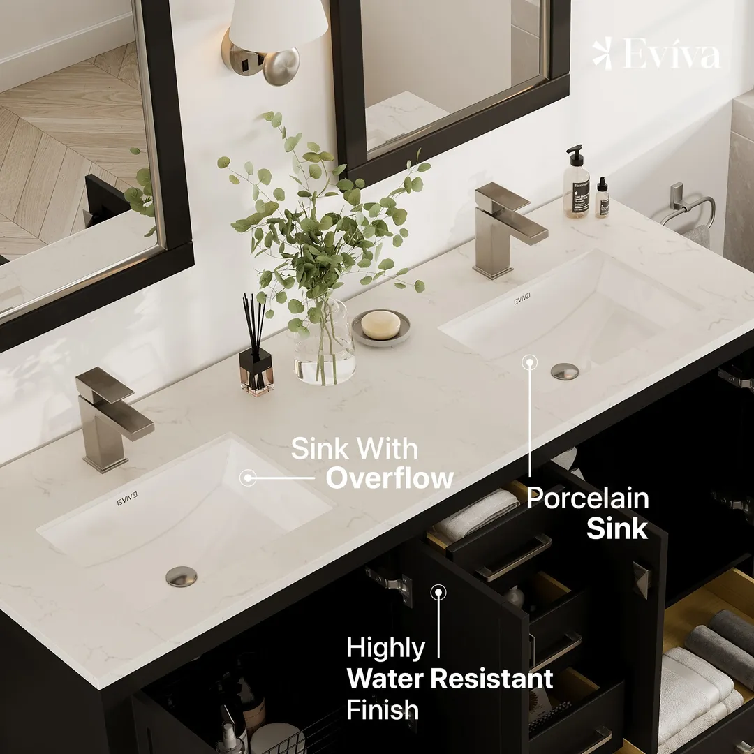 Eviva London 60 in. W x 18 in. D x 34 in. H Espresso Double Bathroom Vanity with White Carrara Marble Top and White Undermount Sinks, photo 4 of 8