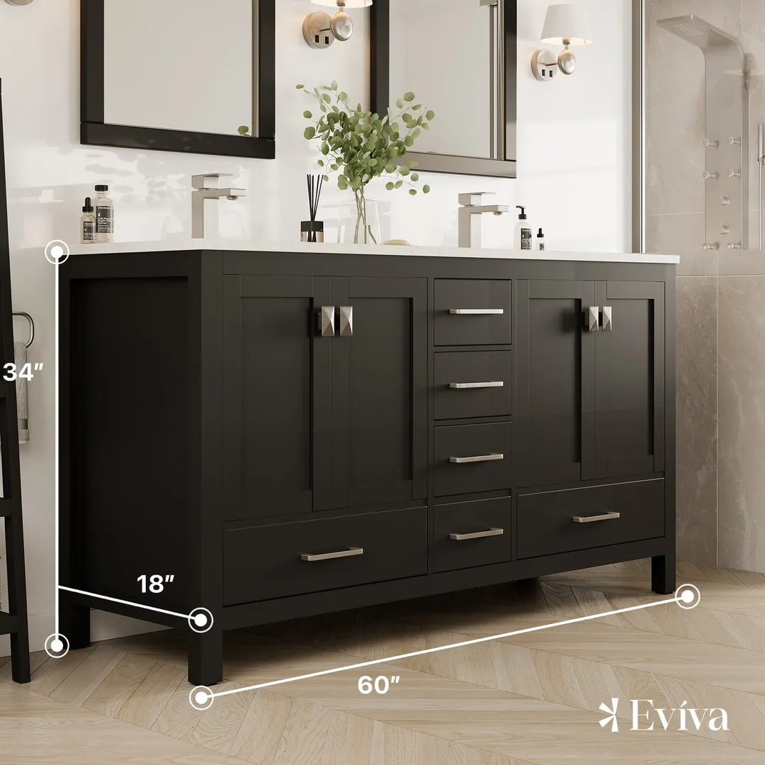 Eviva London 60 in. W x 18 in. D x 34 in. H Espresso Double Bathroom Vanity with White Carrara Marble Top and White Undermount Sinks, photo 2 of 8