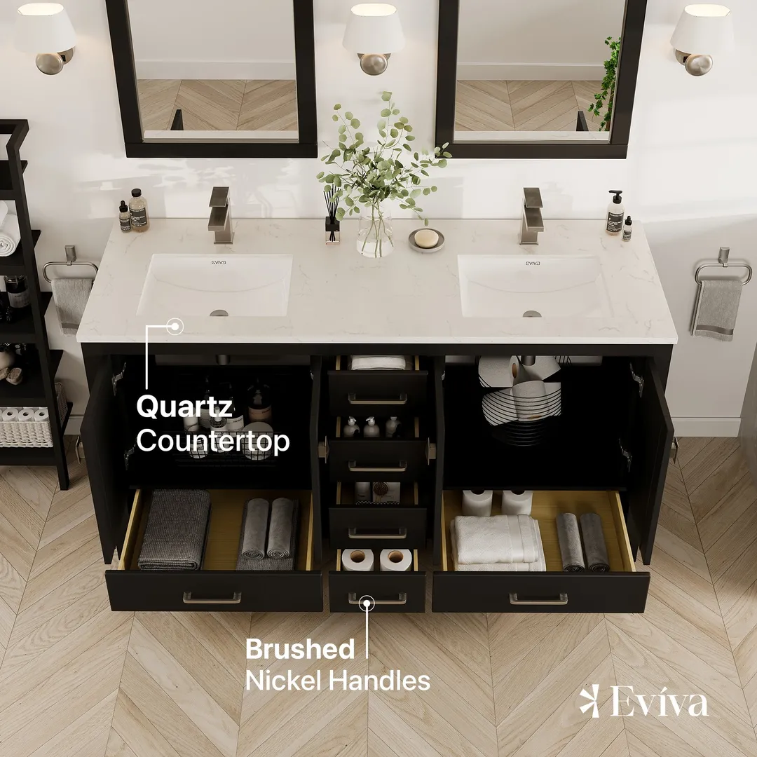 Eviva London 60 in. W x 18 in. D x 34 in. H Espresso Double Bathroom Vanity with White Carrara Marble Top and White Undermount Sinks, photo 3 of 8