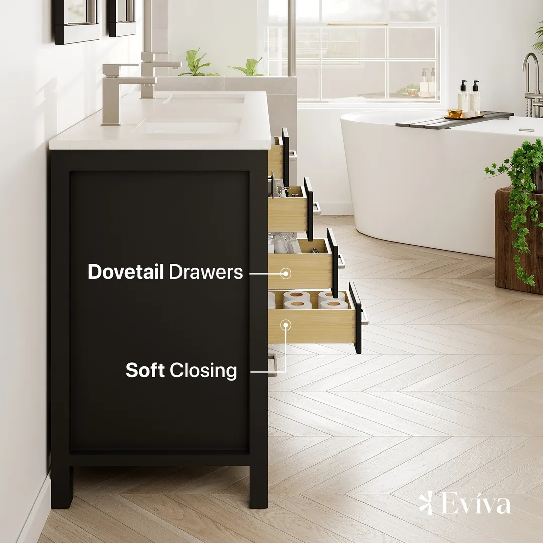 Eviva London 60 in. W x 18 in. D x 34 in. H Espresso Double Bathroom Vanity with White Carrara Marble Top and White Undermount Sinks, photo 5 of 8