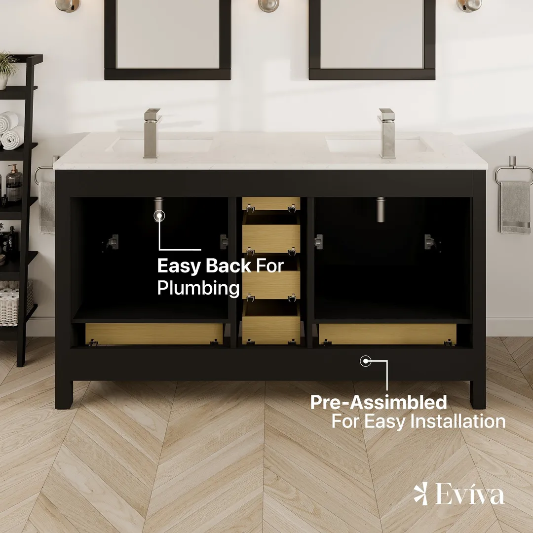 Eviva London 60 in. W x 18 in. D x 34 in. H Espresso Double Bathroom Vanity with White Carrara Marble Top and White Undermount Sinks, photo 6 of 8