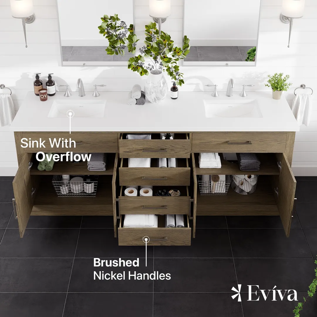Eviva Abbington 84" W x 22" D Gray Oak Double Sink Bathroom Vanity with White Cultured Marble Countertop and Undermount Porcelain Sinks, photo 3 of 8
