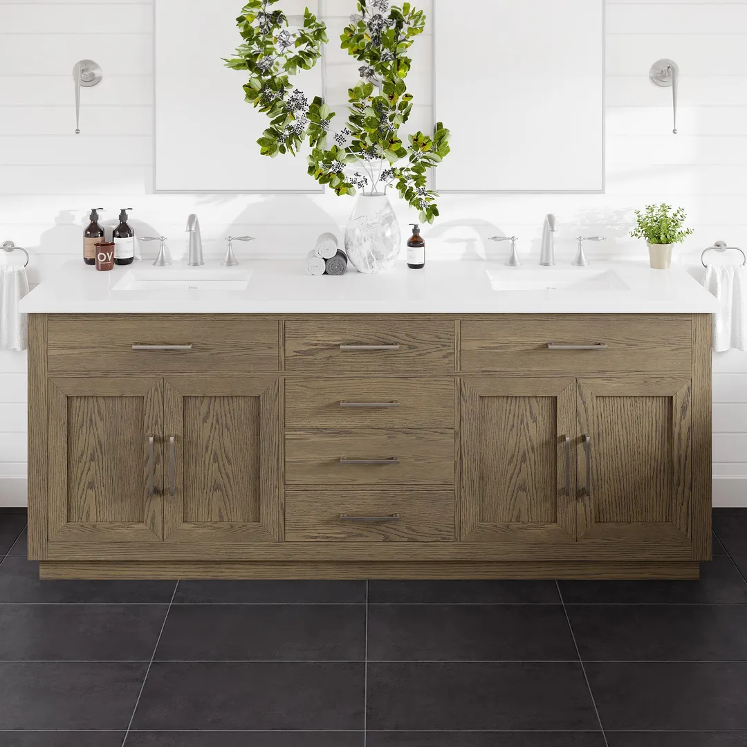 Eviva Abbington 84" W x 22" D Gray Oak Double Sink Bathroom Vanity with White Cultured Marble Countertop and Undermount Porcelain Sinks, photo 2 of 8