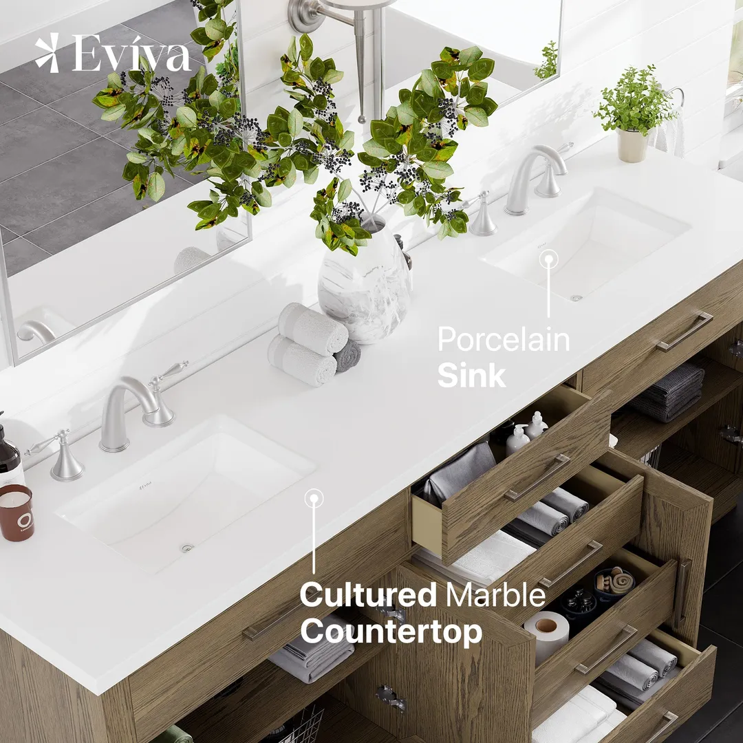 Eviva Abbington 84" W x 22" D Gray Oak Double Sink Bathroom Vanity with White Cultured Marble Countertop and Undermount Porcelain Sinks, photo 4 of 8