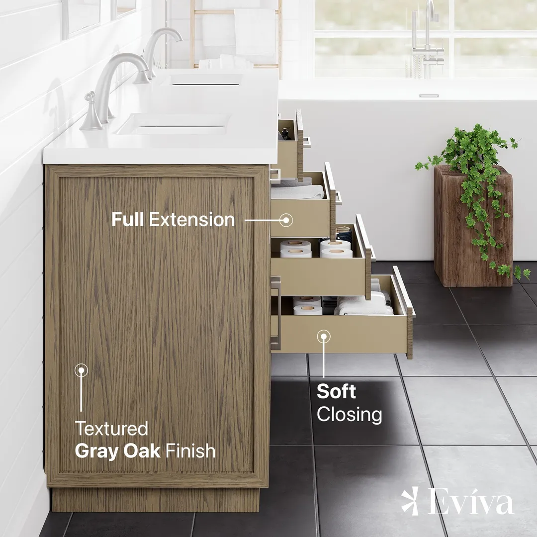 Eviva Abbington 84" W x 22" D Gray Oak Double Sink Bathroom Vanity with White Cultured Marble Countertop and Undermount Porcelain Sinks, photo 5 of 8