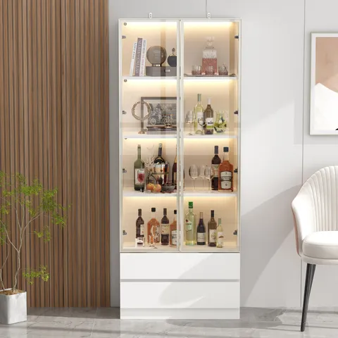 2 Drawers Glass Display Cabinet with Lights and Pop-up Doors