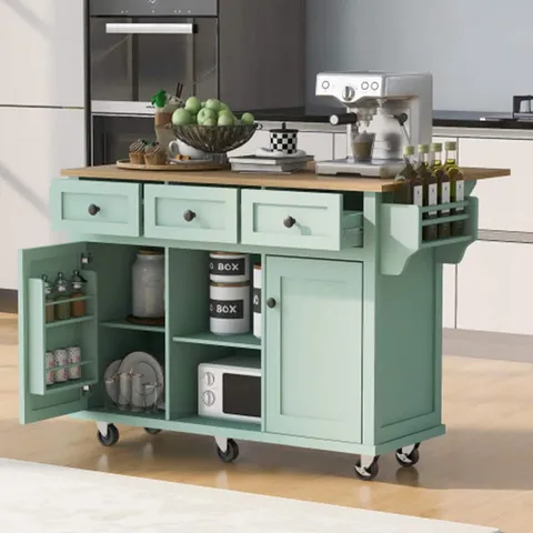 Green Mdf Base with Mdf Wood Top Rolling Kitchen Island