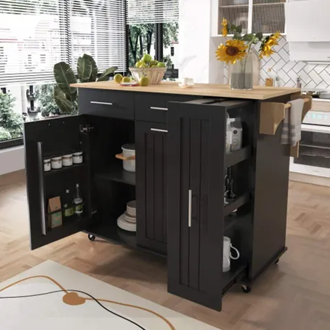 Black Mdf Base with Mdf Wood Top Rolling Kitchen Island