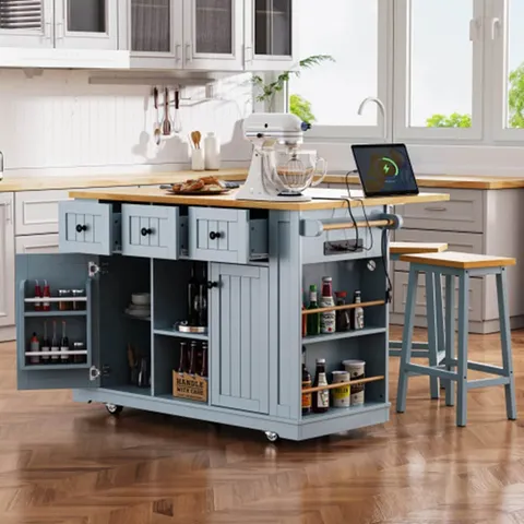 Gray Mdf Base with Mdf Wood Top Rolling Kitchen Island