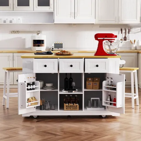 White Mdf Base with Mdf Wood Top Rolling Kitchen Island
