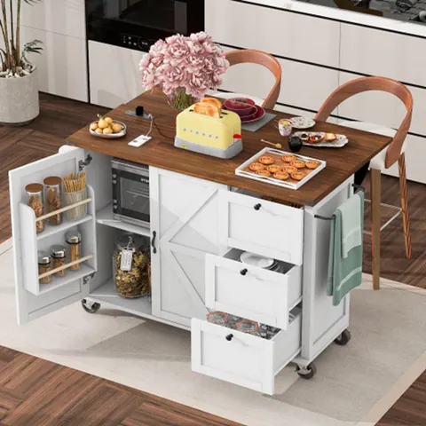 White Mdf Base with Mdf Wood Top Rolling Kitchen Island