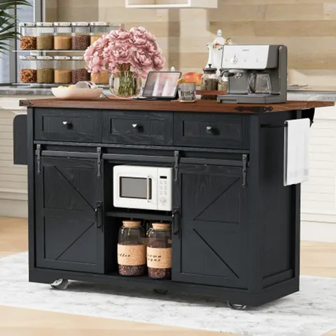 Black Mdf Base with Mdf Wood Top Rolling Kitchen Island