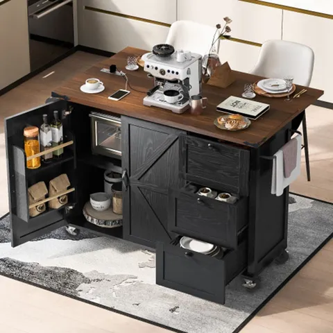 Black Mdf Base with Mdf Wood Top Rolling Kitchen Island