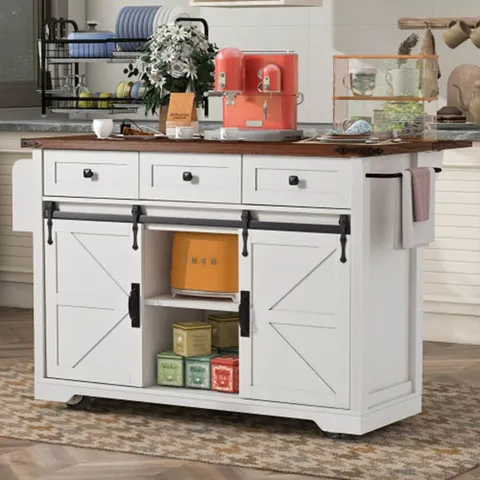White Mdf Base with Mdf Wood Top Rolling Kitchen Island