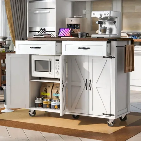 White Mdf Base with Mdf Wood Top Rolling Kitchen Island