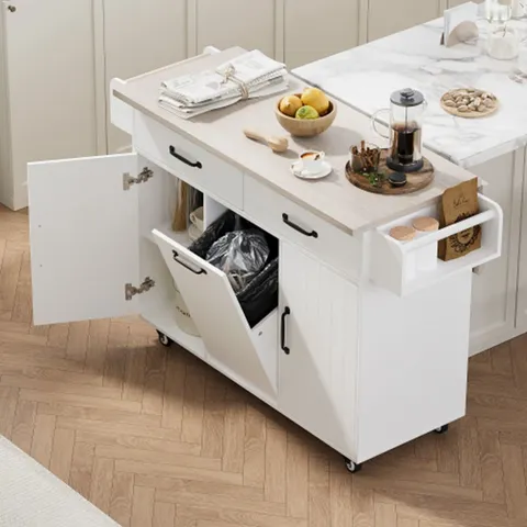 White Mdf Base with Mdf Wood Top Rolling Kitchen Island