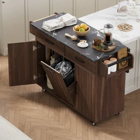 Brown Mdf Base with Mdf Wood Top Rolling Kitchen Island