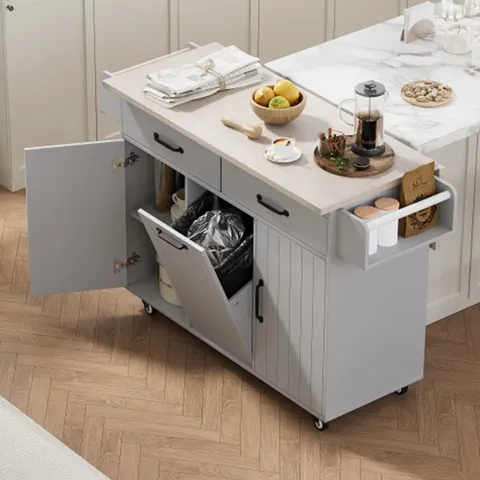 Gray Mdf Base with Mdf Wood Top Rolling Kitchen Island