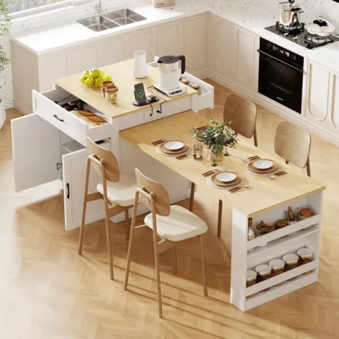 White Mdf Base with Mdf Wood Top Rolling Kitchen Island