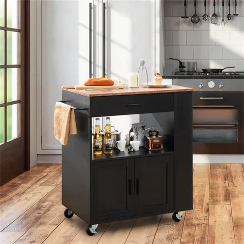 Black Wood Base with Wood Top Rolling Kitchen Cart