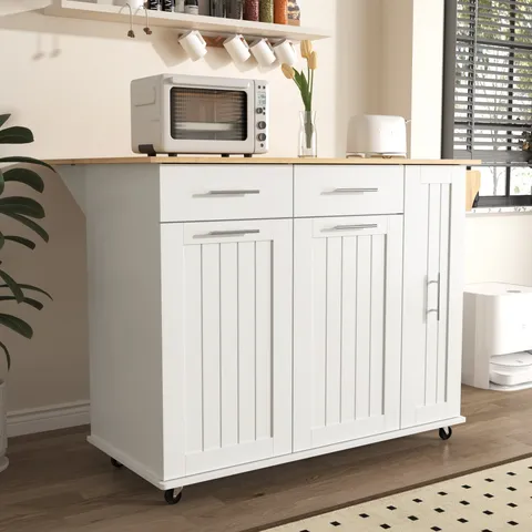 White Mdf Base with Wood Top Rolling Kitchen Island