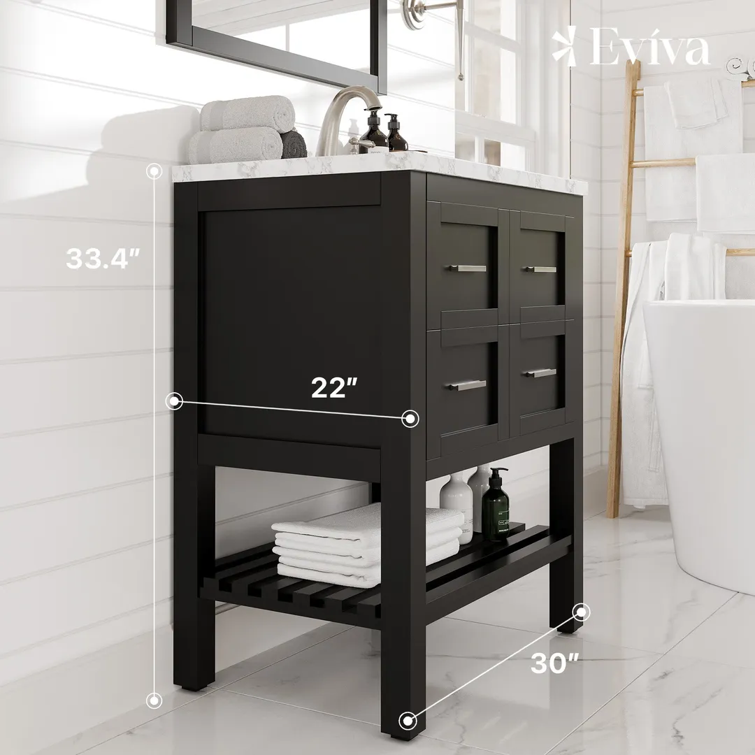Eviva Natalie 30"W x 22"D Espresso Bathroom Vanity with White Carrara Marble Countertop and Undermount Porcelain Sink, photo 2 of 8