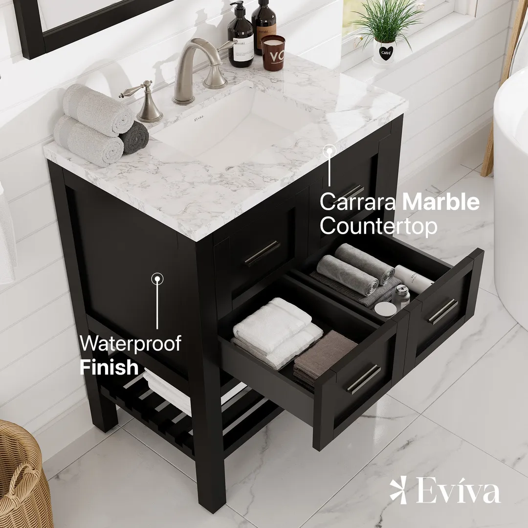 Eviva Natalie 30"W x 22"D Espresso Bathroom Vanity with White Carrara Marble Countertop and Undermount Porcelain Sink, photo 4 of 8