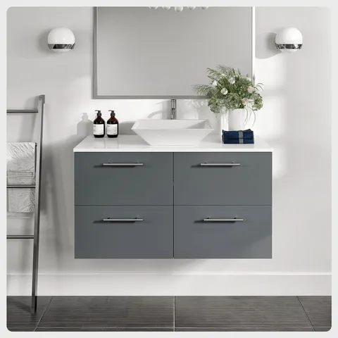 39-in Gray Wall-Mount Vanity with White Glass Top & Vessel Sink