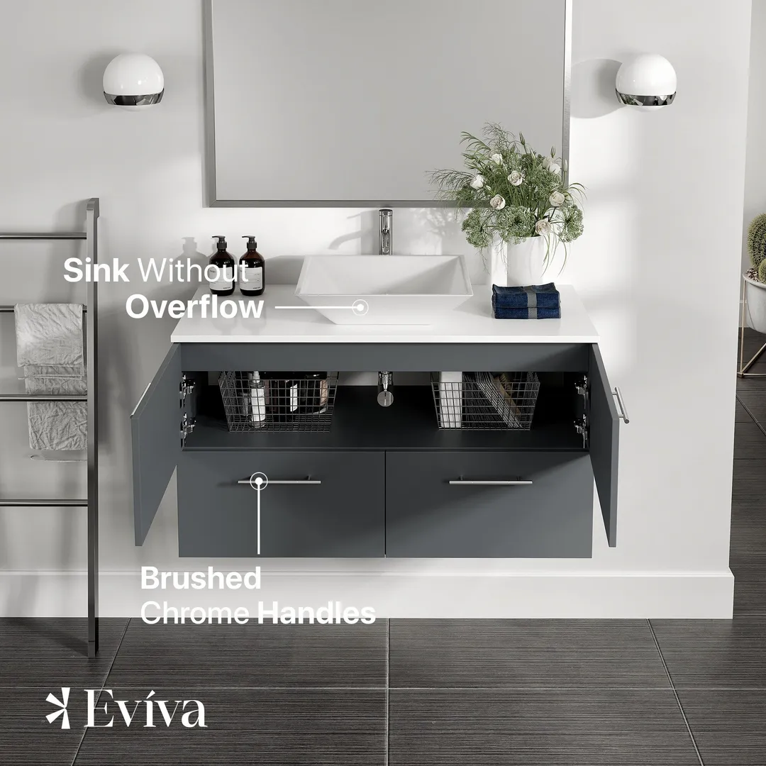 Eviva Luxury 39"W x 20"D Gray Wall-Mount Bathroom Vanity with White Tempered Glass Countertop and Vessel Porcelain Sink, photo 2 of 8
