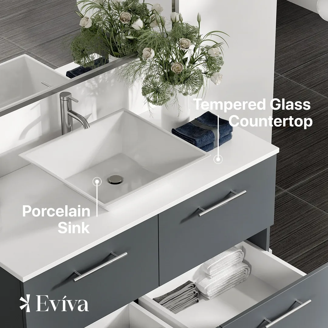 Eviva Luxury 39"W x 20"D Gray Wall-Mount Bathroom Vanity with White Tempered Glass Countertop and Vessel Porcelain Sink, photo 3 of 8