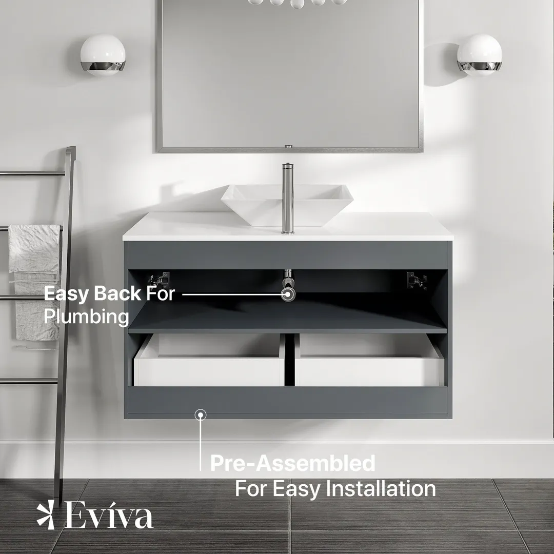 Eviva Luxury 39"W x 20"D Gray Wall-Mount Bathroom Vanity with White Tempered Glass Countertop and Vessel Porcelain Sink, photo 4 of 8