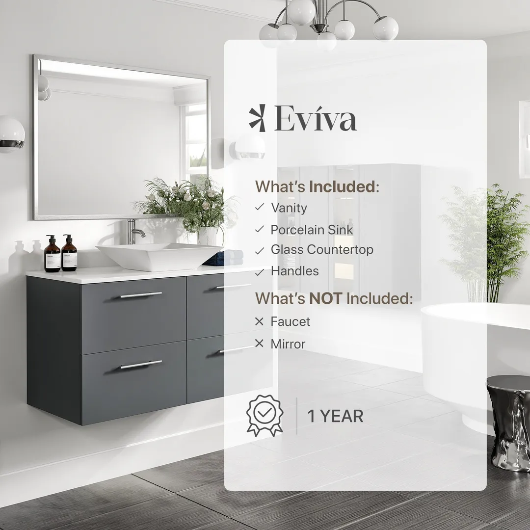 Eviva Luxury 39"W x 20"D Gray Wall-Mount Bathroom Vanity with White Tempered Glass Countertop and Vessel Porcelain Sink, photo 8 of 8