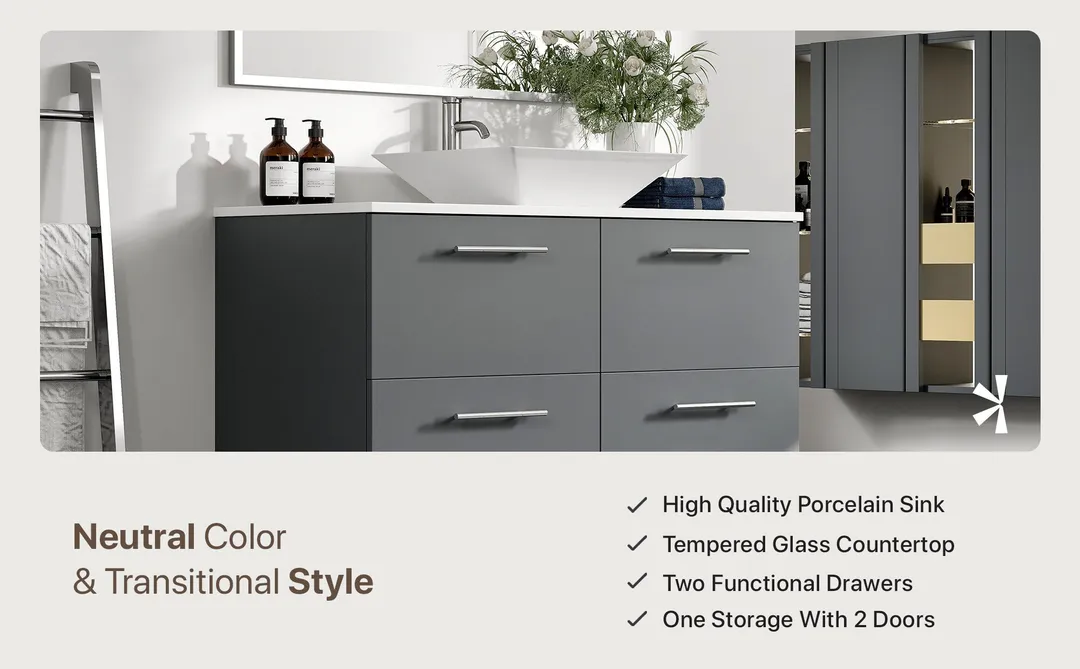 Eviva Luxury 39"W x 20"D Gray Wall-Mount Bathroom Vanity with White Tempered Glass Countertop and Vessel Porcelain Sink, photo 6 of 8