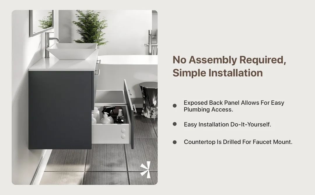 Eviva Luxury 39"W x 20"D Gray Wall-Mount Bathroom Vanity with White Tempered Glass Countertop and Vessel Porcelain Sink, photo 5 of 8