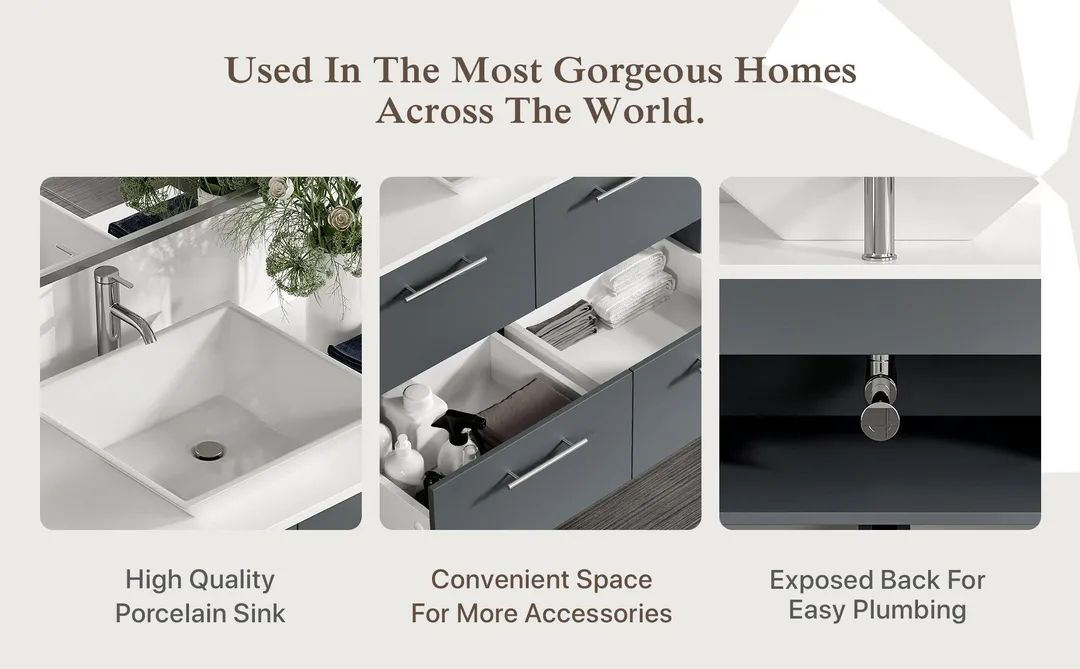 Eviva Luxury 39"W x 20"D Gray Wall-Mount Bathroom Vanity with White Tempered Glass Countertop and Vessel Porcelain Sink, photo 7 of 8