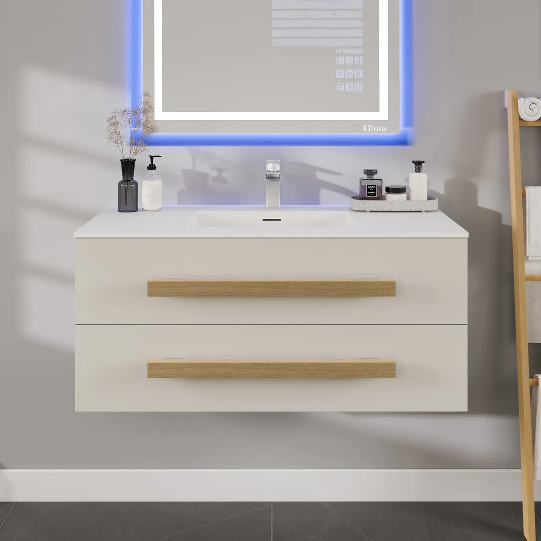 Eviva Element 44"W x 20"D White Wall Mount Bathroom Vanity with White Solid Surface Countertop and Integrated Sink, photo 2 of 8