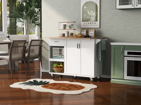 White Mdf Base with Mdf Wood Top Rolling Kitchen Island