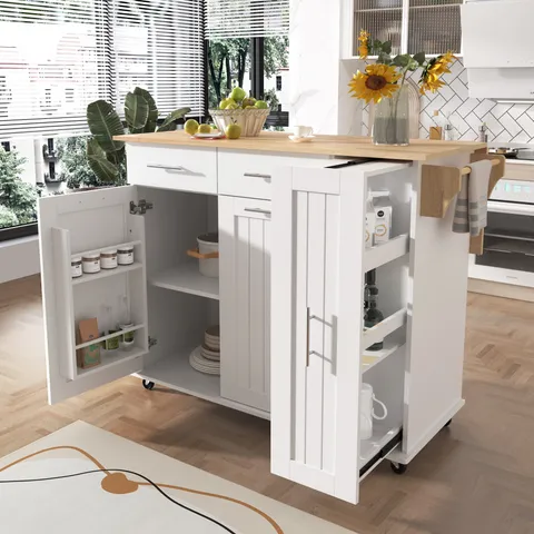 White Mdf Base with Mdf Wood Top Rolling Kitchen Island