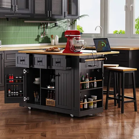 Black Mdf Base with Mdf Wood Top Rolling Kitchen Island