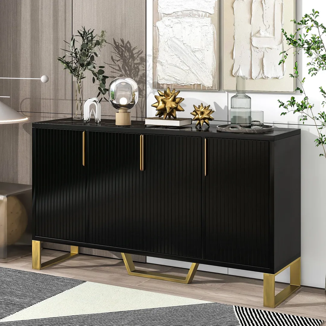 JIMSMAISON The pinstripe design on the door panel is elegant and understated, and the gold metal legs reflect the texture, the design of this cabinet combines the features of modern simplicity and light luxury, photo 2 of 12
