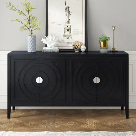 This retro sideboard has four doors with rounded lines on the doors to create a three-dimensional look