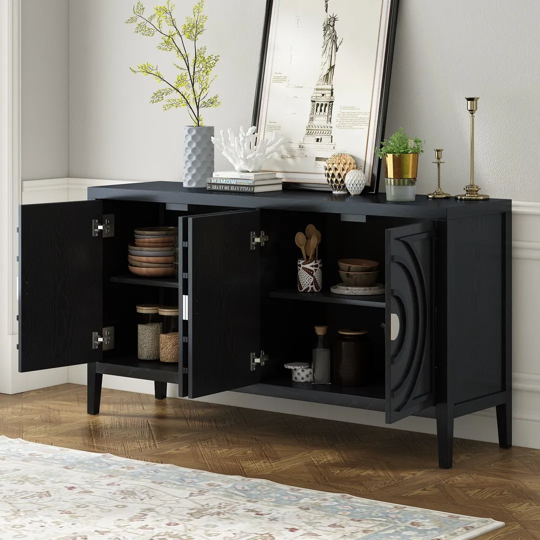 JIMSMAISON This retro sideboard has four doors with rounded lines on the doors to create a three-dimensional look, the country-style cabinet adds a warm atmosphere to your home, photo 2 of 14