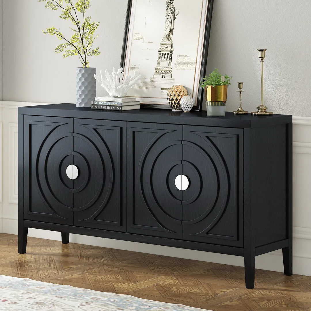 JIMSMAISON This retro sideboard has four doors with rounded lines on the doors to create a three-dimensional look, the country-style cabinet adds a warm atmosphere to your home, photo 13 of 14