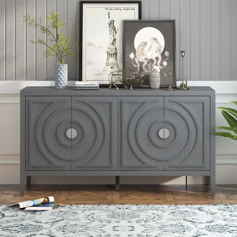 This retro sideboard has four doors with rounded lines on the doors to create a three-dimensional look