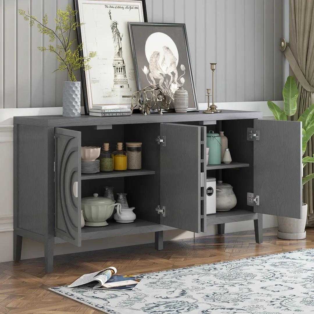 JIMSMAISON This retro sideboard has four doors with rounded lines on the doors to create a three-dimensional look, the country-style cabinet adds a warm atmosphere to your home, photo 9 of 13