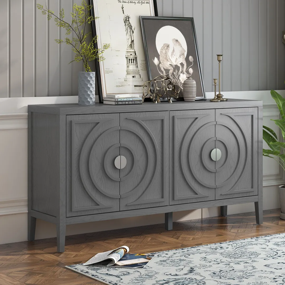 JIMSMAISON This retro sideboard has four doors with rounded lines on the doors to create a three-dimensional look, the country-style cabinet adds a warm atmosphere to your home, photo 10 of 13