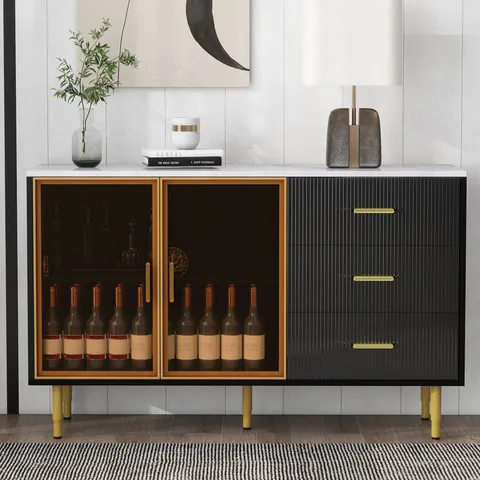 The amber-yellow glass doors and marble sticker tabletop are elegant and understated